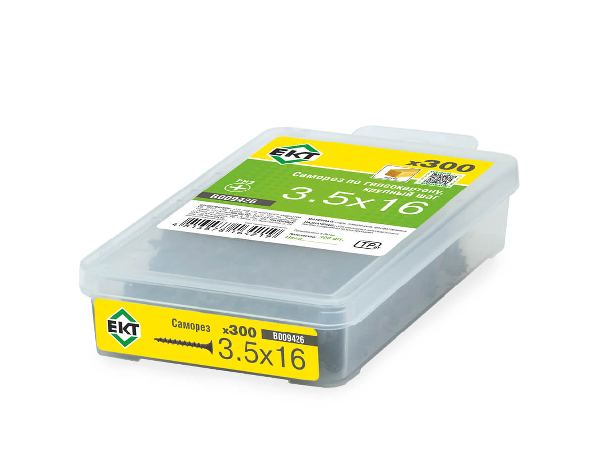 Саморез по ГК 3.5х16 крупный шаг (к дереву), фосфат., в пласт.контейнере, ЕКТ (упак/300шт)