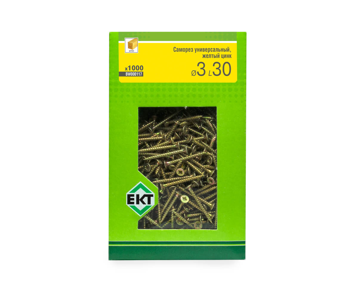 Саморез универсальный 3.0х30, желтый цинк, в коробке с окном, ЕКТ (упак/1.000шт)