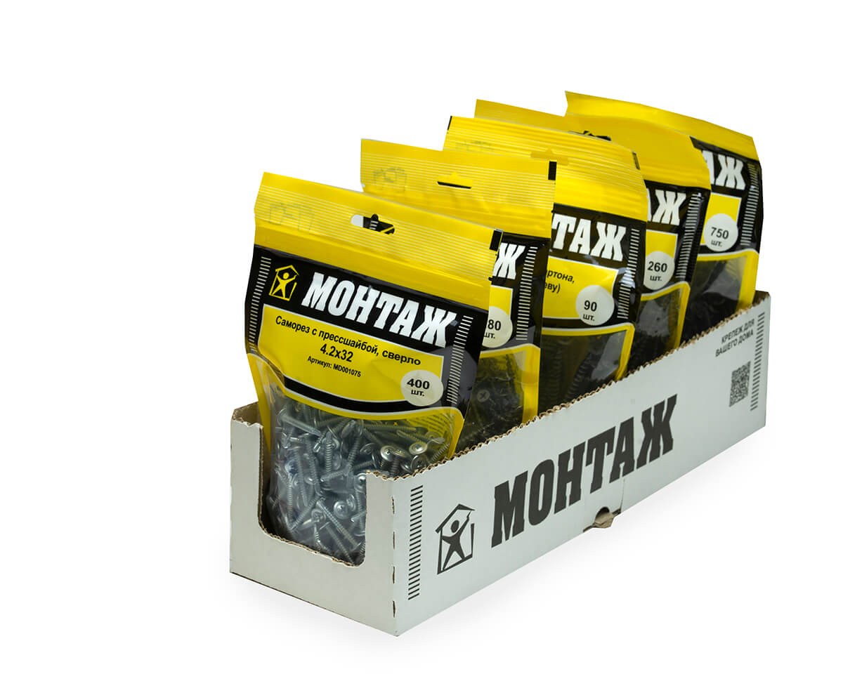 Саморез с прессшайбой 4.2x32, сверло, цинк, дой-пак L, МОНТАЖ (пакет/400шт)