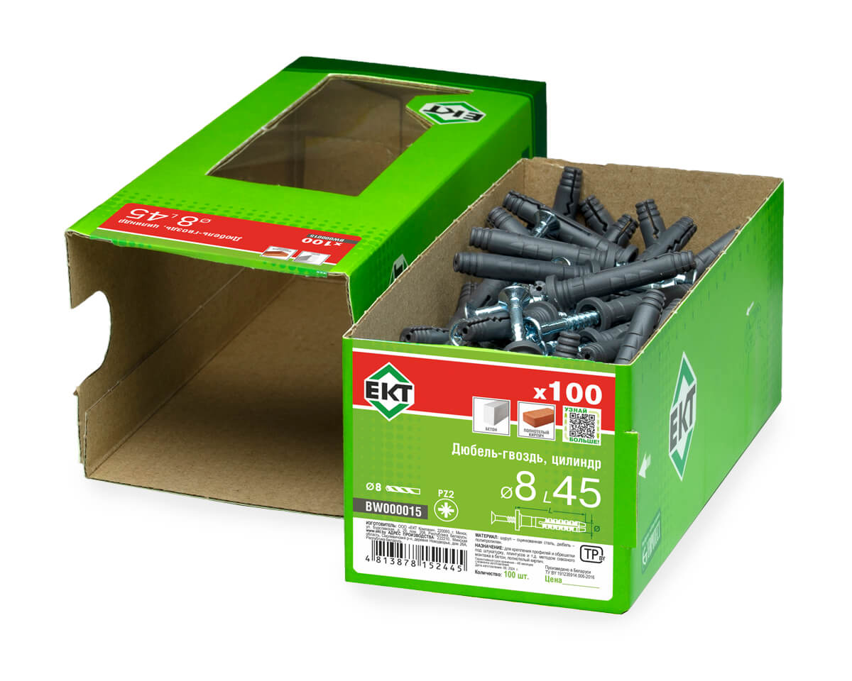 Дюбель-гвоздь GL, 8x45 цилиндр, п/п, ЕКТ (кор. с окном/100шт)