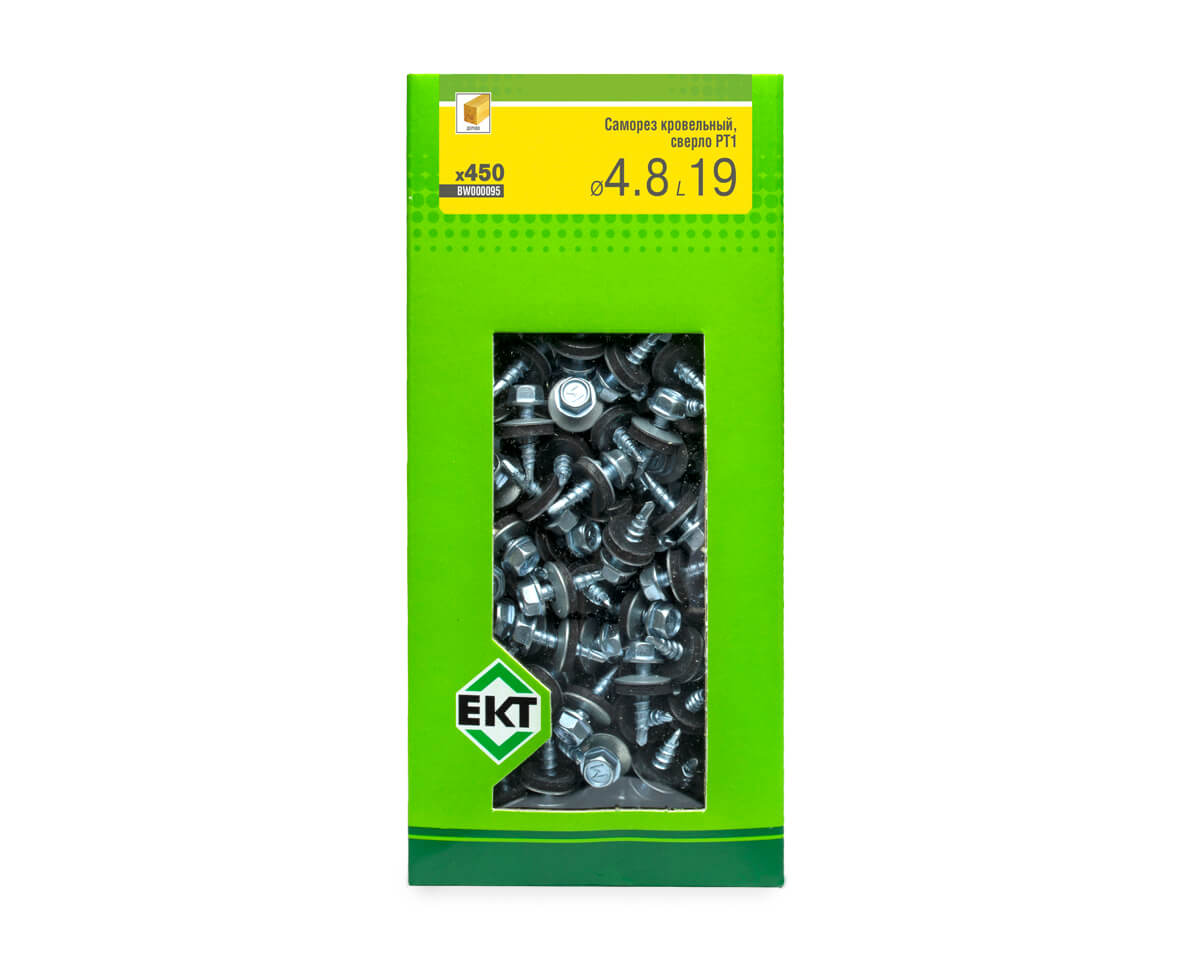 Саморез кровельный с резин. прокл. 4.8х19 сверло PT1, цинк, в коробке с окном, ЕКТ (упак/450шт)
