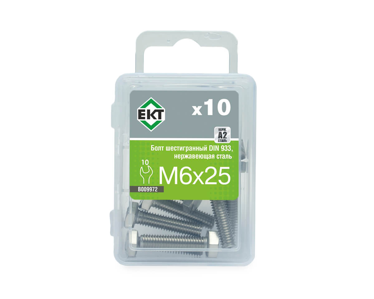 Болт с шестигранной головкой M6х25, DIN933, НЕРЖ. СТАЛЬ, ЕКТ (упак/10шт)