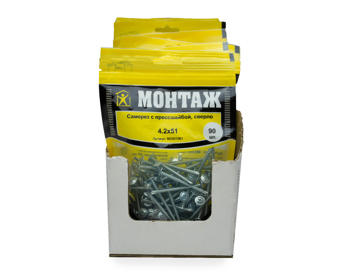 Саморез с прессшайбой 4.2x51, сверло, цинк, дой-пак M, МОНТАЖ (пакет/90шт)