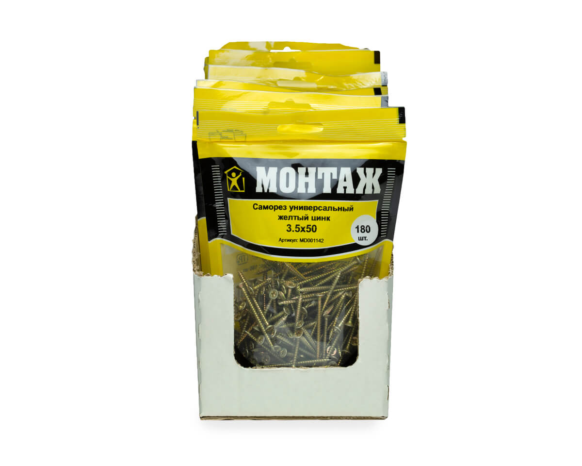 Саморез универсальный 3.5x50, желтый цинк, дой-пак M, МОНТАЖ (пакет/180шт)