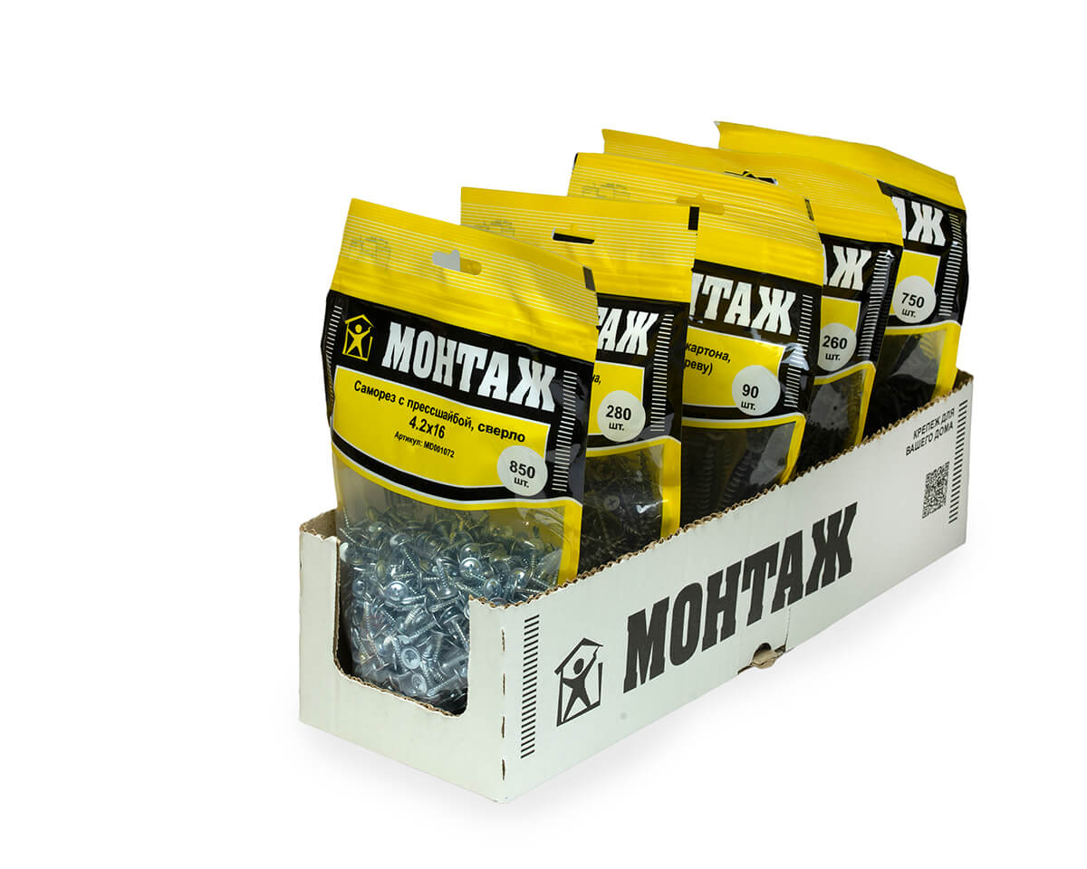 Саморез с прессшайбой 4.2x16, сверло, цинк, дой-пак L, МОНТАЖ (пакет/850шт)