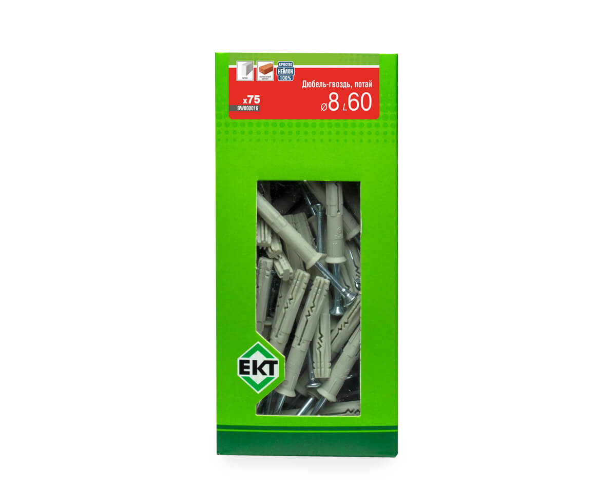 Дюбель-гвоздь GL, 8x60 потай, нейлон, ЕКТ (кор. с окном/75шт)
