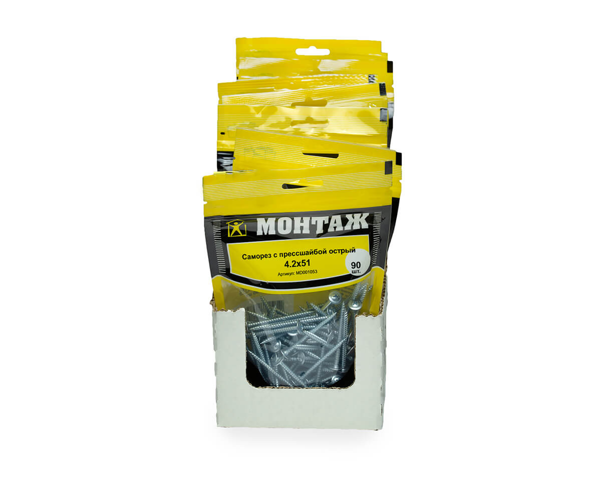 Саморез с прессшайбой 4.2x51, острый, цинк, дой-пак M, МОНТАЖ (пакет/90шт)