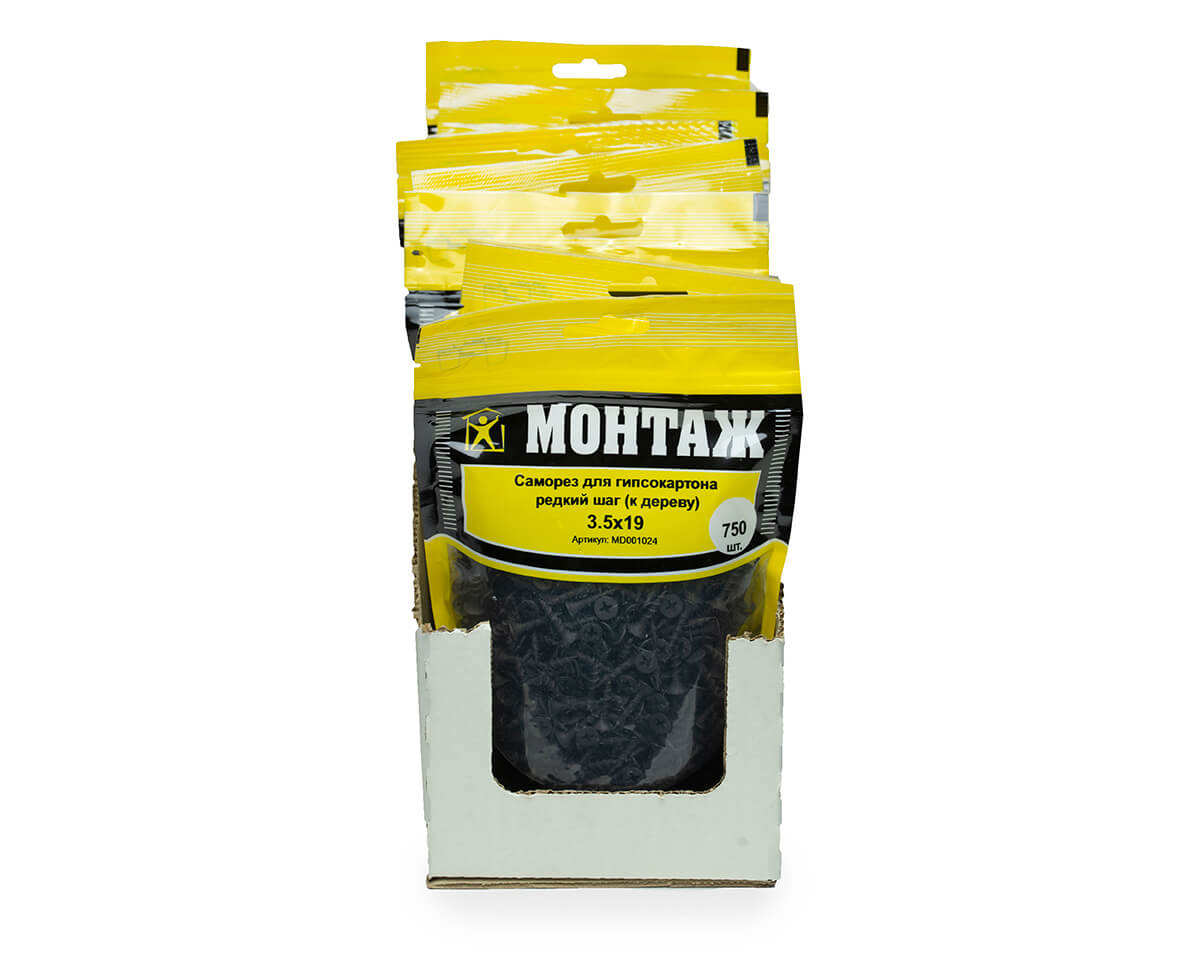 Саморез для гипсокартона 3.5x19, редкий шаг (к дереву), фосфат, дой-пак M, МОНТАЖ (пакет/750шт)
