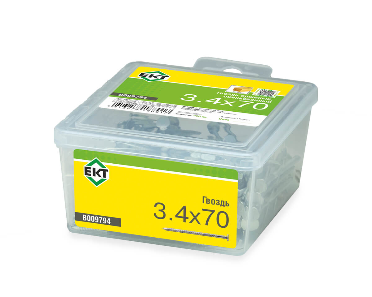 Гвоздь ершеный, 3.4х70, цинк, в пласт.контейнере, ЕКТ (упак/0.4кг)