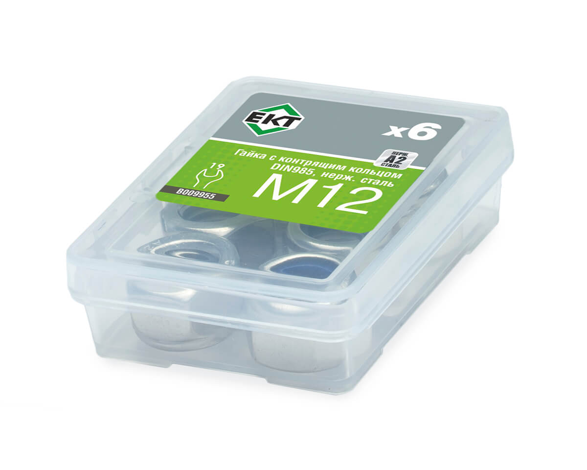 Гайка с контрящим кольцом М12, DIN985, НЕРЖ. СТАЛЬ, ЕКТ (упак/6шт)