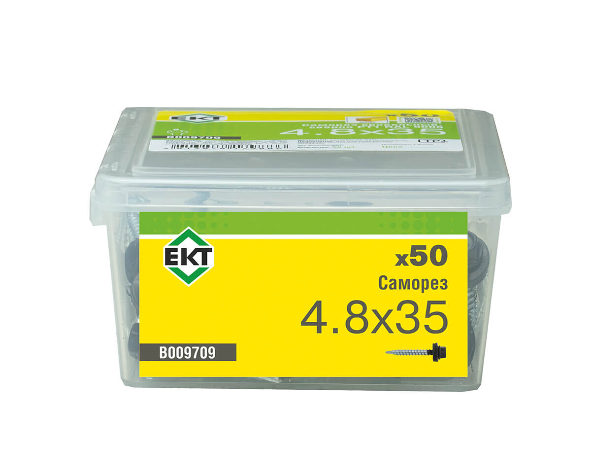 Саморез кровельный с резин. прокл. 4.8x35, сверло PT1, RAL9005, в пласт. контейнере, ЕКТ (упак/50шт)