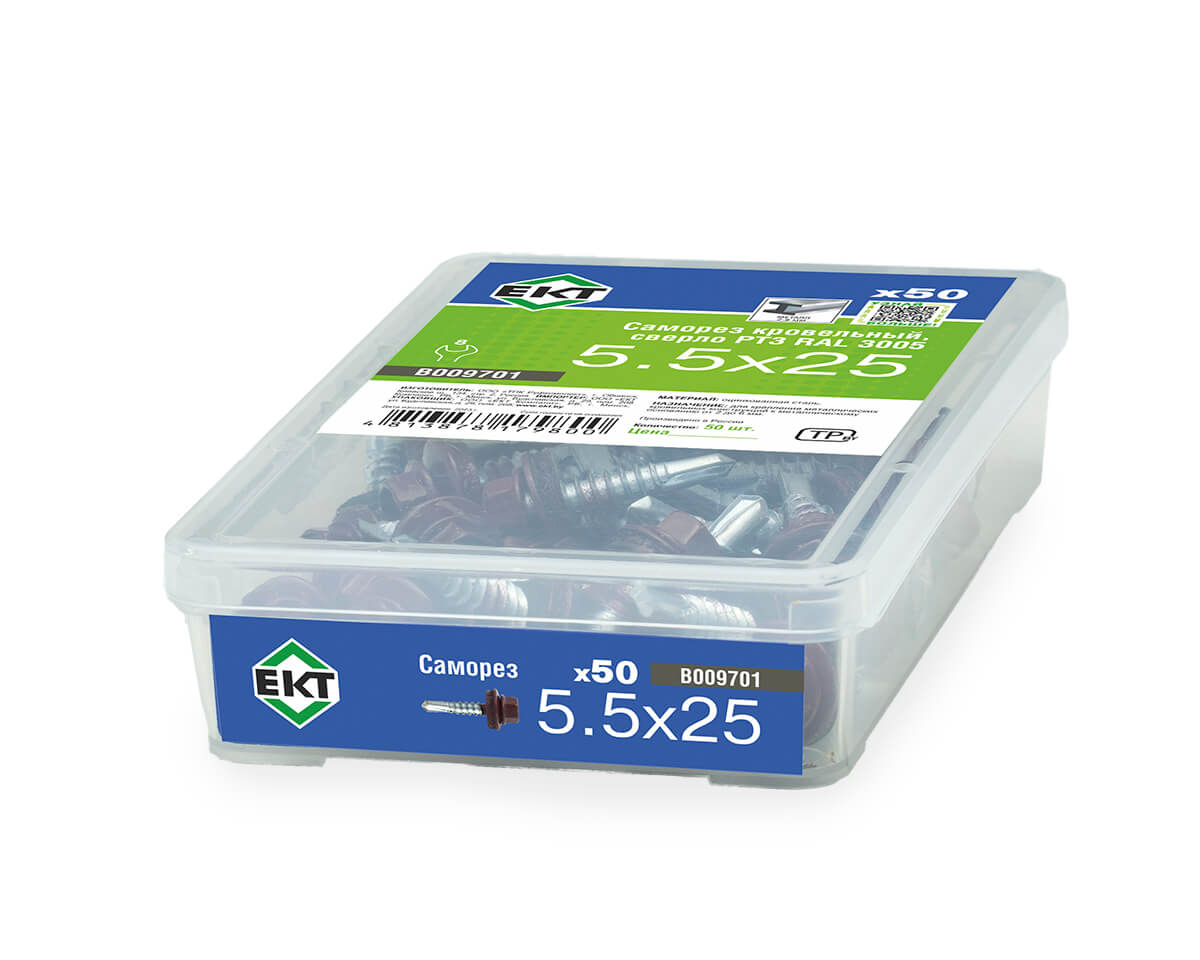 Саморез кровельный с резин. прокл. 5.5x25, сверло РТ3, RAL3005, в пласт. контейнере, ЕКТ (упак/50шт)