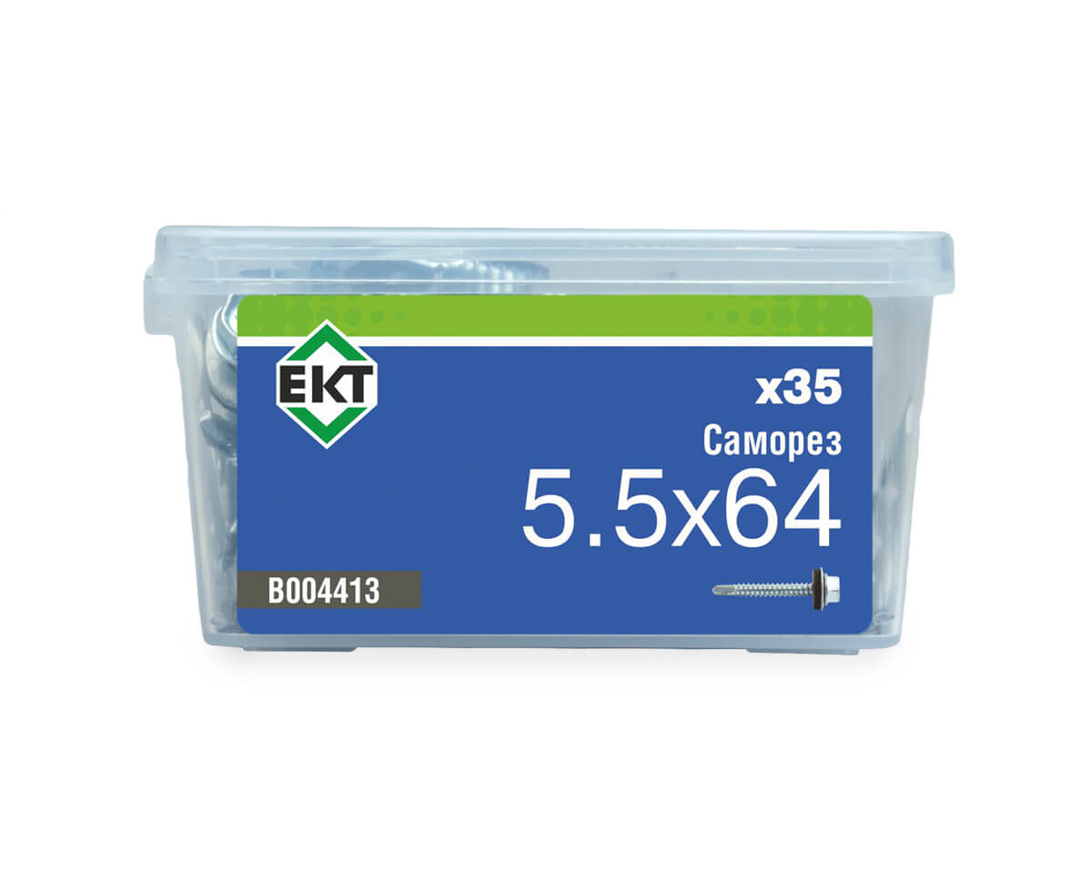 Саморез кровельный 5,5х64 сверло, цинк, с резиновой прокладкой, в пласт. контейнере (упак/35шт)