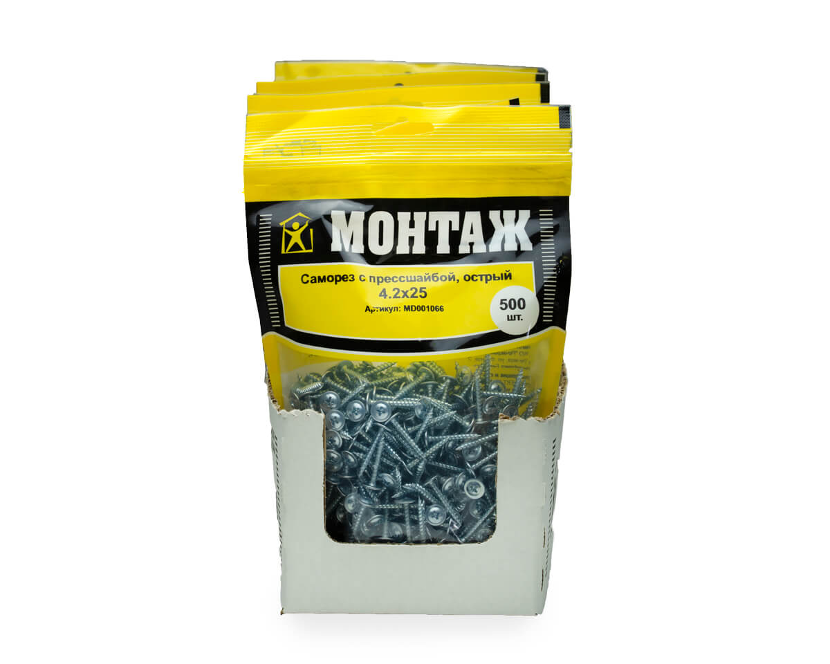 Саморез с прессшайбой 4.2x25, острый, цинк, дой-пак L, МОНТАЖ (пакет/500шт)