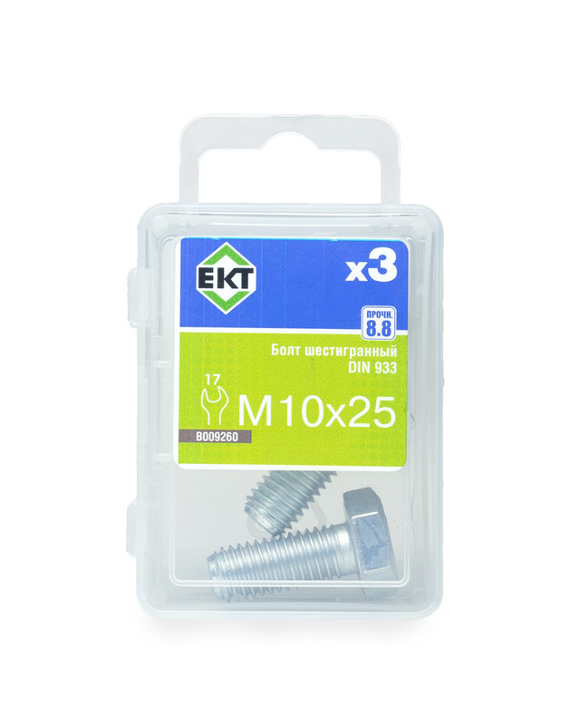 Болт шестигранный 10х 25, цинк, прочн. 8.8 DIN 933 (упак/3шт)