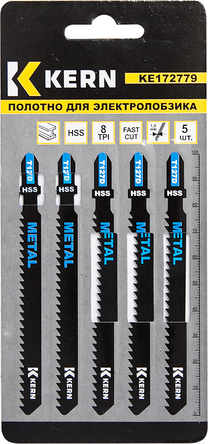 Полотно для электролобзика по мет, прям.рез, 100мм, 8TPI, 3-15мм, T127D, д/алюм KERN (упак/5шт)
