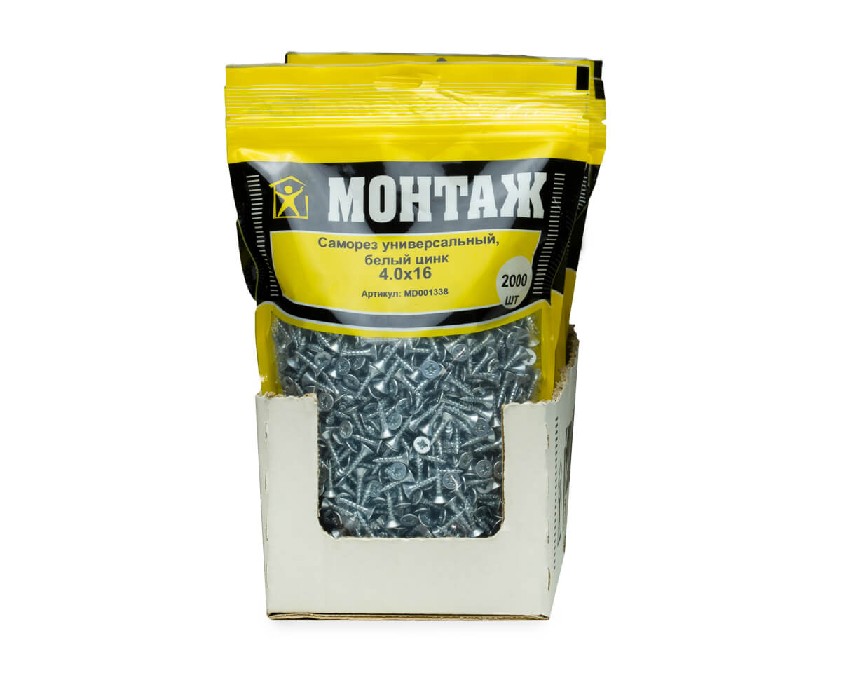 Саморез универсальный 4,0х16, белый цинк, МОНТАЖ (дой-пак L/2.000шт)