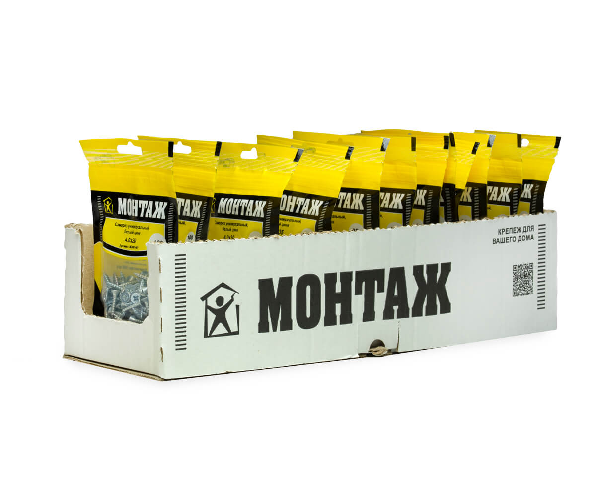 Саморез универсальный 4.0x20, белый цинк, дой-пак S, МОНТАЖ (пакет/100шт)