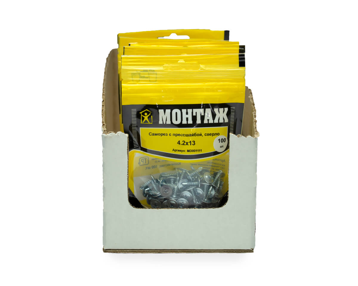 Саморез с прессшайбой 4.2x13, сверло, цинк, дой-пак S, МОНТАЖ (пакет/100шт)