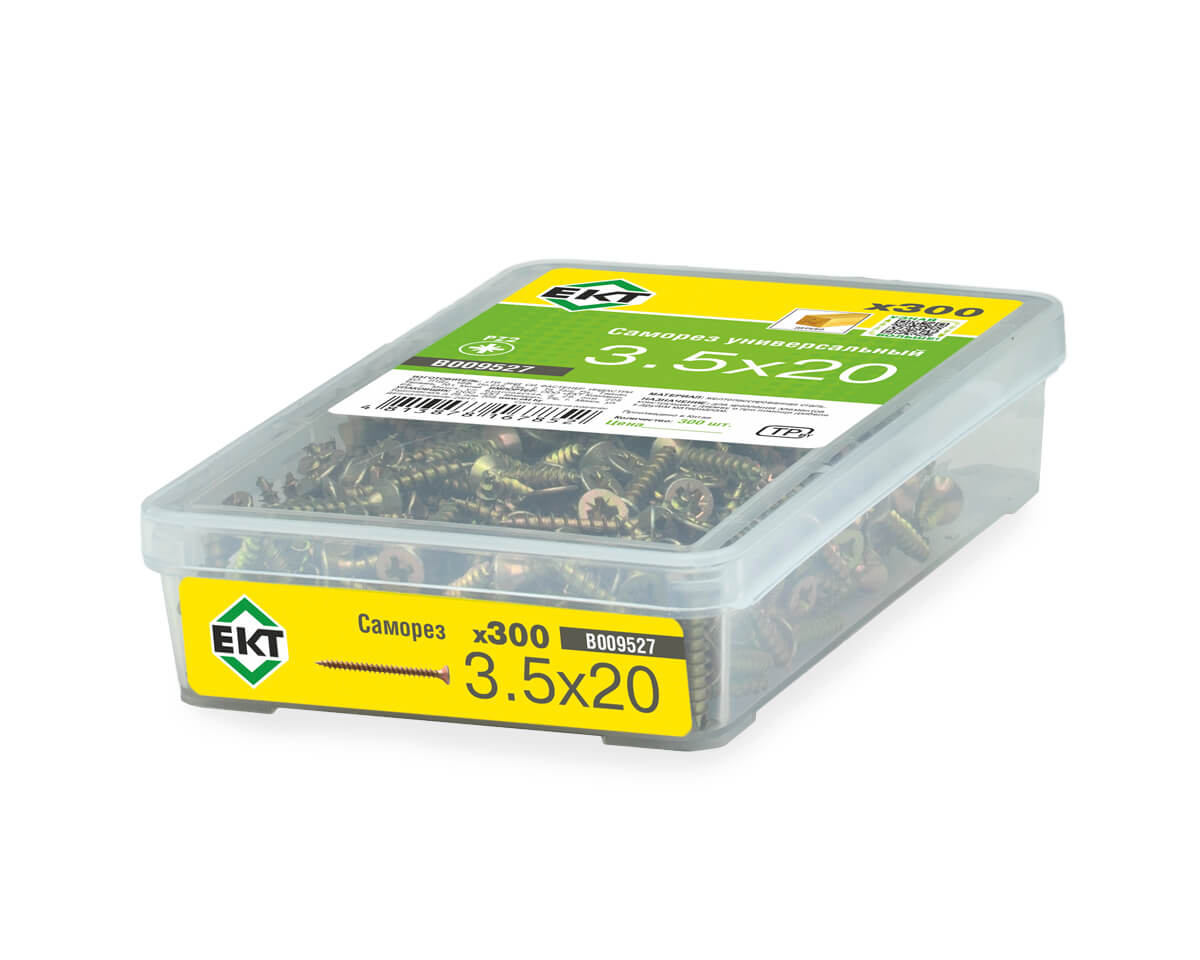 Саморез универсальный 3.5x20, желтый цинк, в пласт. контейнере, ЕКТ (упак/300шт)