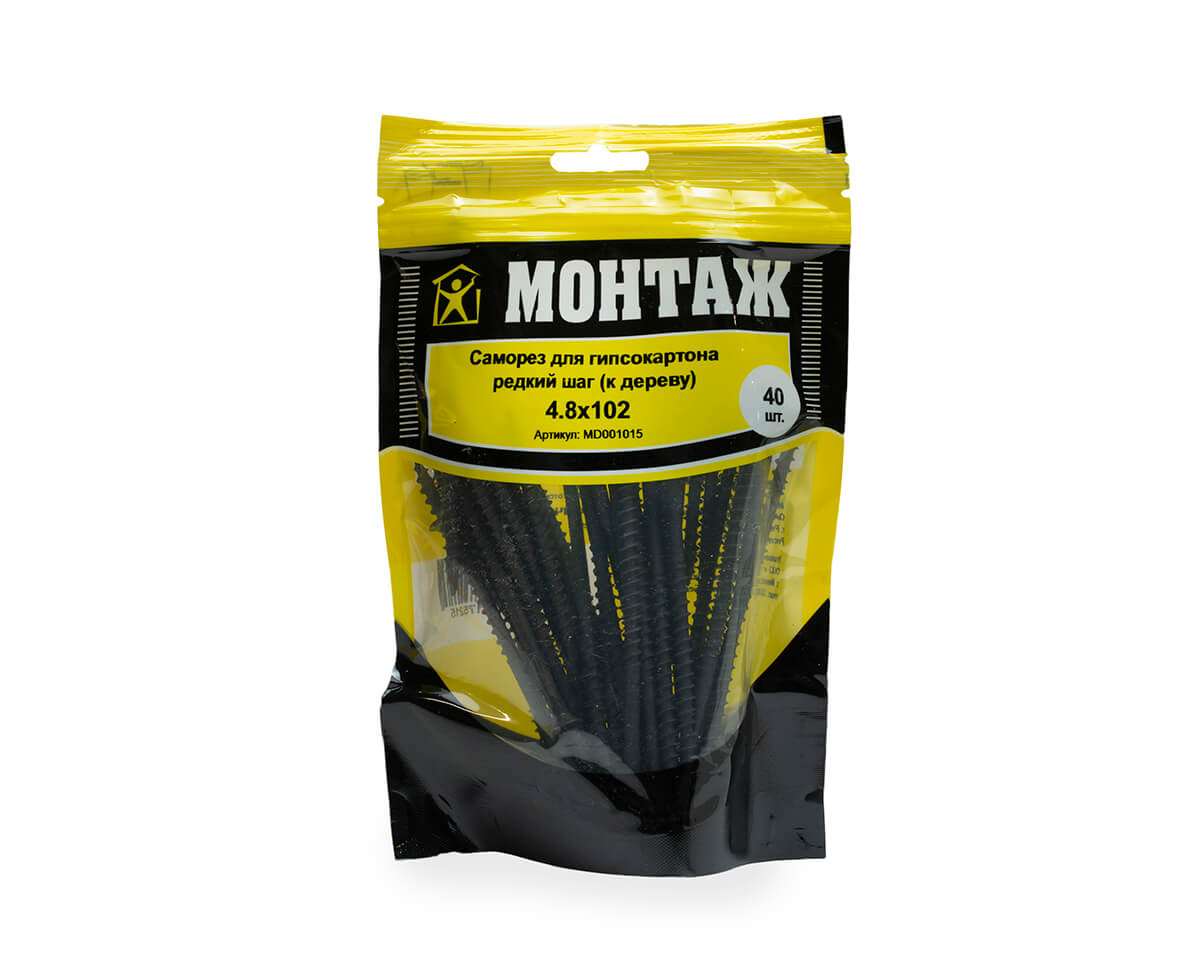 Саморез для гипсокартона 4.8x102, редкий шаг (к дереву), фосфат, дой-пак M, МОНТАЖ (пакет/40шт)