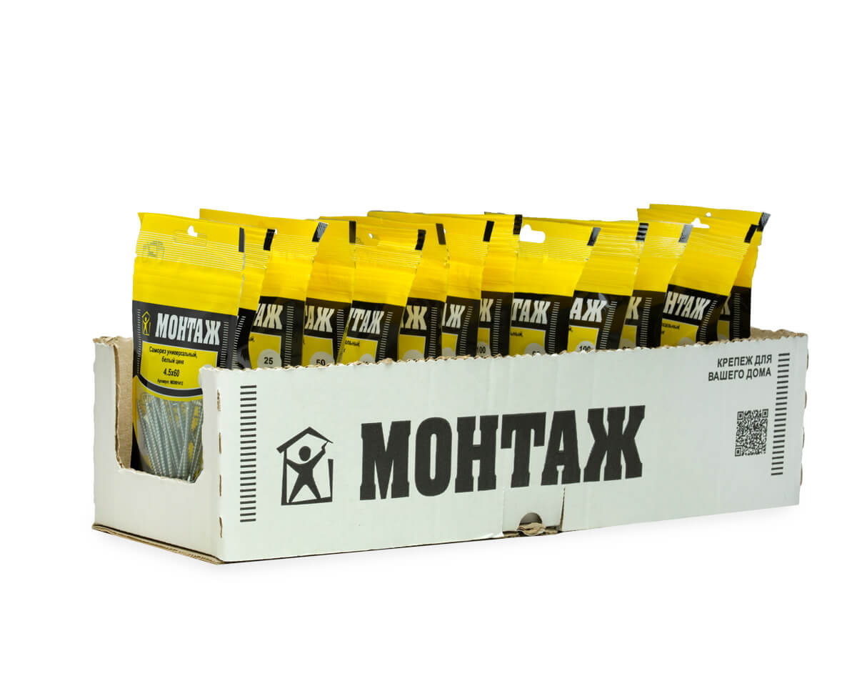 Саморез универсальный 4.5x60, белый цинк, дой-пак S, МОНТАЖ (пакет/25шт)