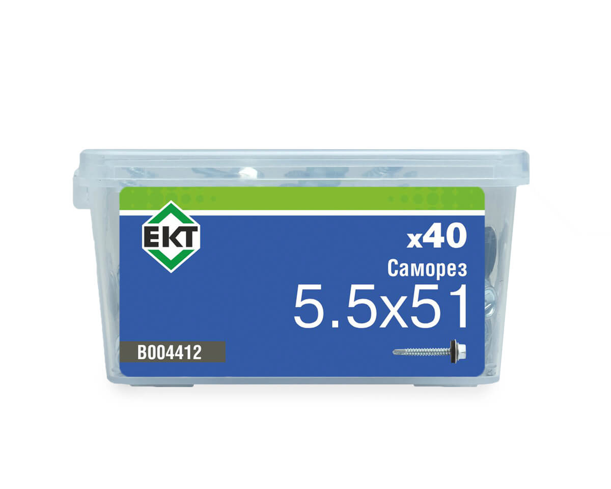 Саморез кровельный 5,5х51 сверло, цинк, с резиновой прокладкой, в пласт. контейнере (упак/40шт)