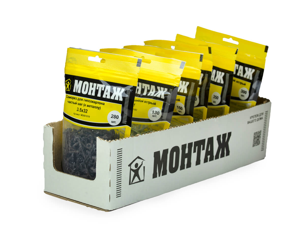 Саморез для гипсокартона 3.5x32, частый шаг (к металлу), фосфат, дой-пак M, МОНТАЖ (пакет/280шт)
