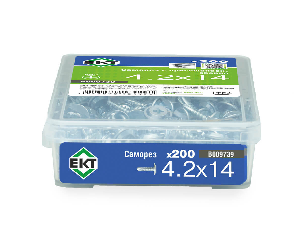 Саморез с прессшайбой, 4.2x14 сверло, цинк,в пласт.контейнере, ЕКТ (упак/200шт)