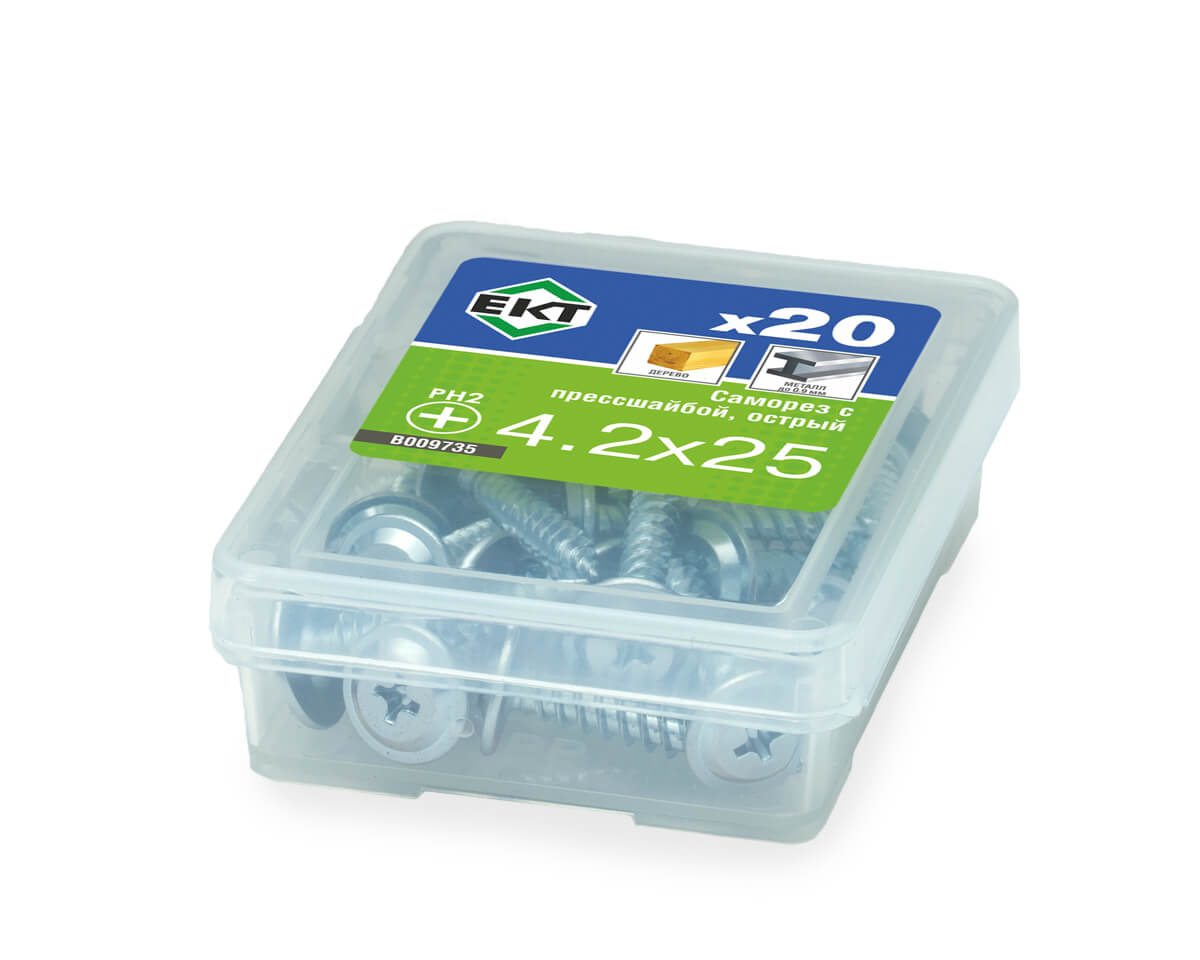 Саморез с прессшайбой, 4.2x25 острый, цинк, ЕКТ (упак/20шт)