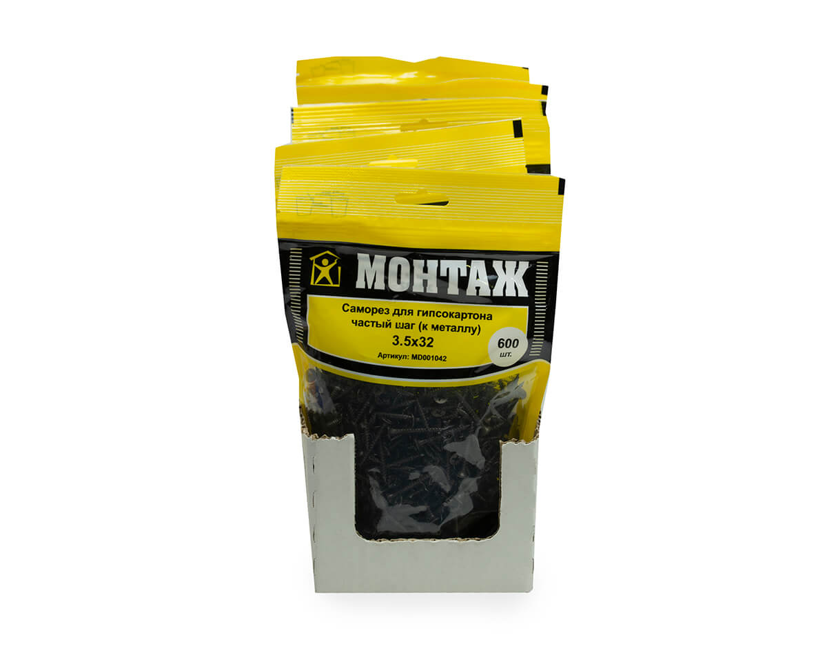 Саморез для гипсокартона 3.5x32, частый шаг (к металлу), фосфат, дой-пак L, МОНТАЖ (пакет/600шт)