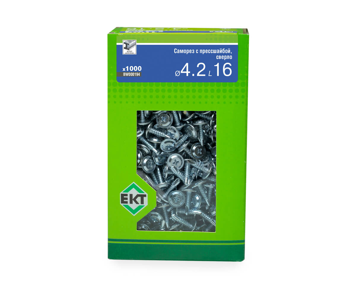 Саморез с прессшайбой, 4.2x16 сверло, цинк, в коробке с окном, ЕКТ (упак/1.000шт)