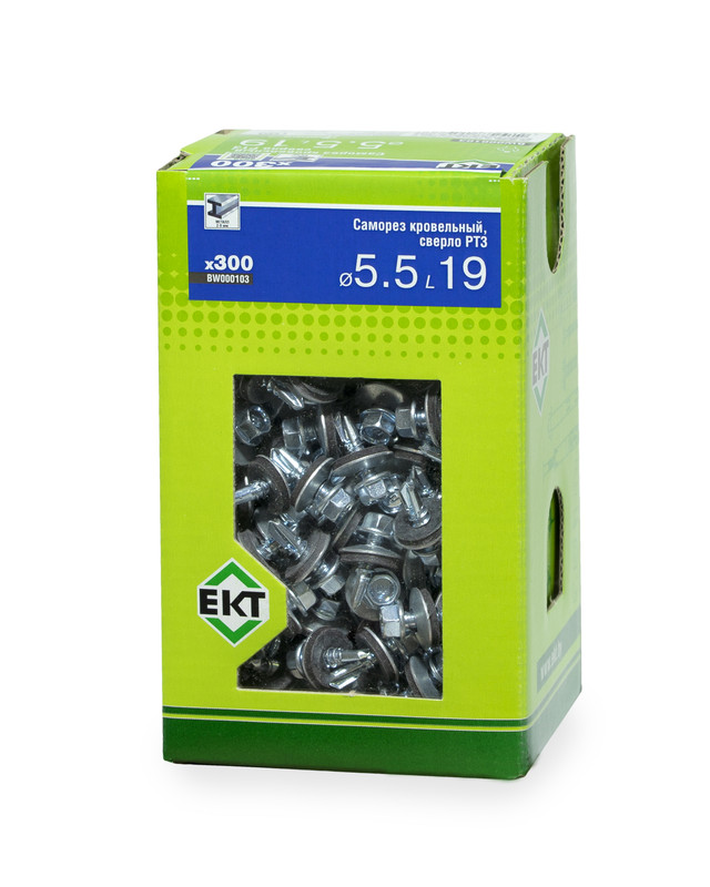Саморез кровельный с резин. прокл. 5.5х19 сверло PT3, цинк, в коробке с окном, ЕКТ (упак/300шт)
