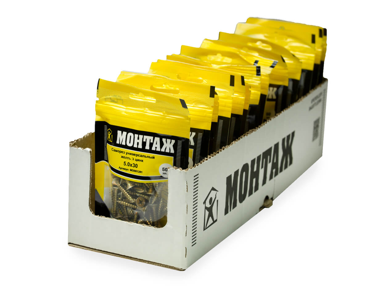 Саморез универсальный 5.0x30, желтый цинк, дой-пак S, МОНТАЖ (пакет/50шт)