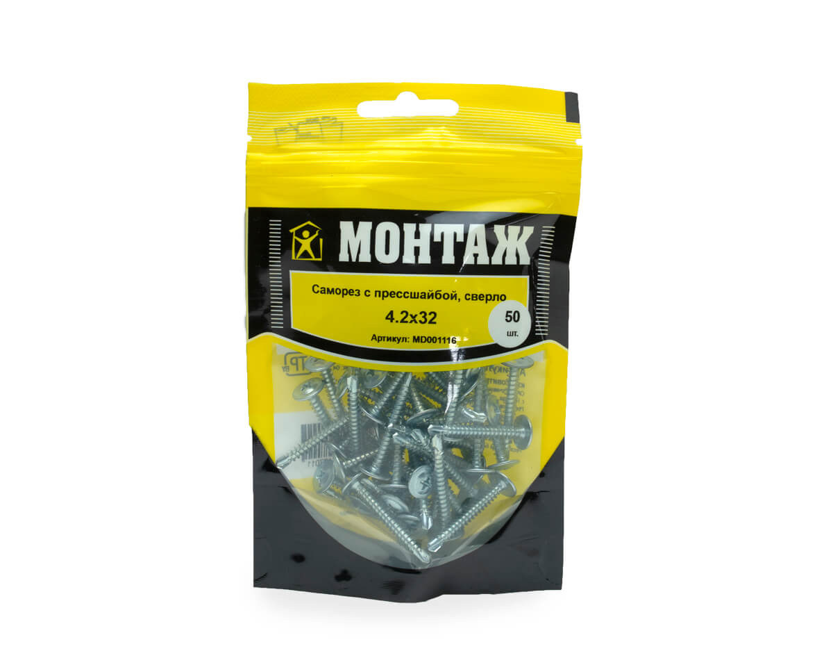 Саморез с прессшайбой 4.2x32, сверло, цинк, дой-пак S, МОНТАЖ (пакет/50шт)
