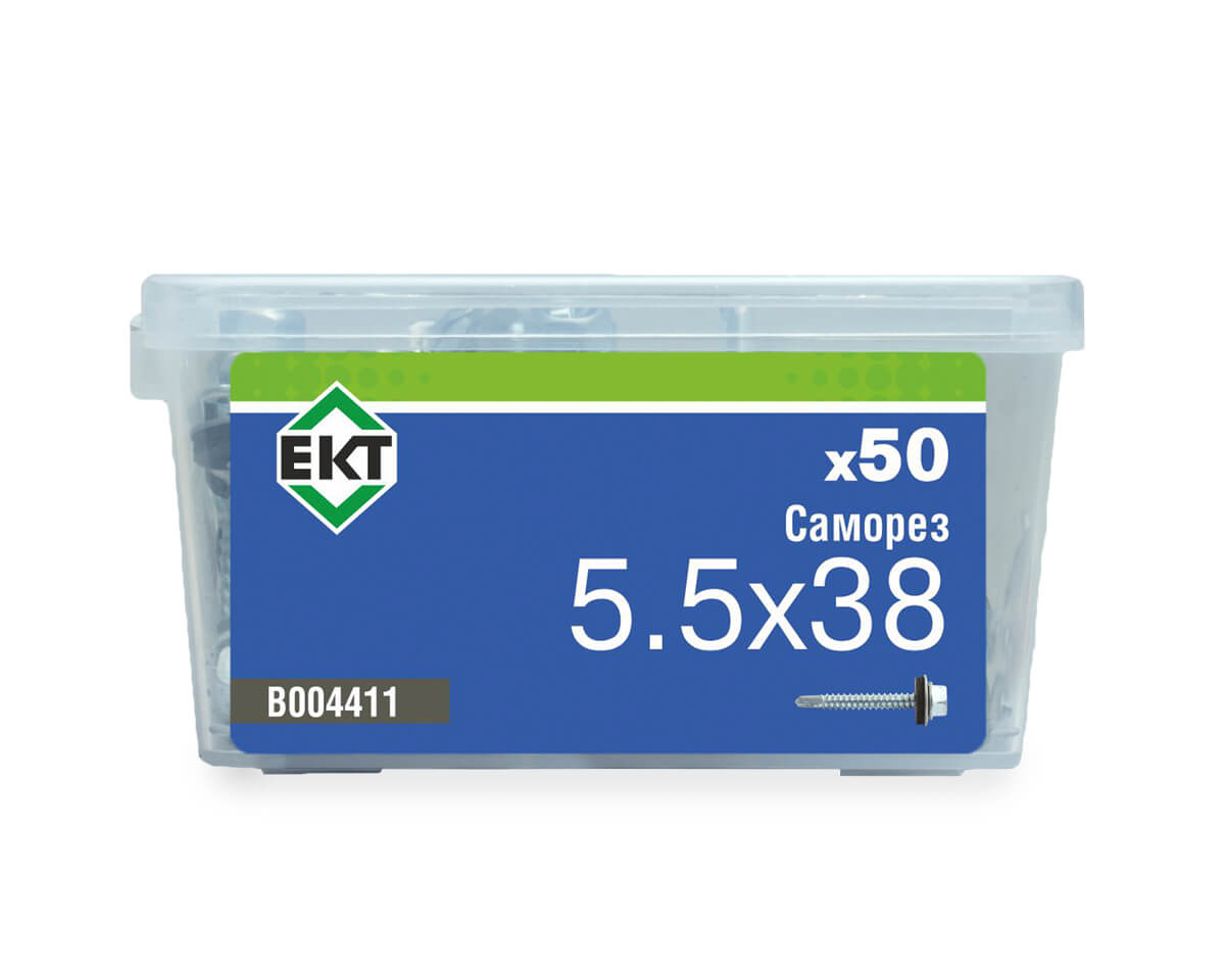 Саморез кровельный 5,5х38 сверло, цинк, с резиновой прокладкой, в пласт. контейнере (упак/50шт)