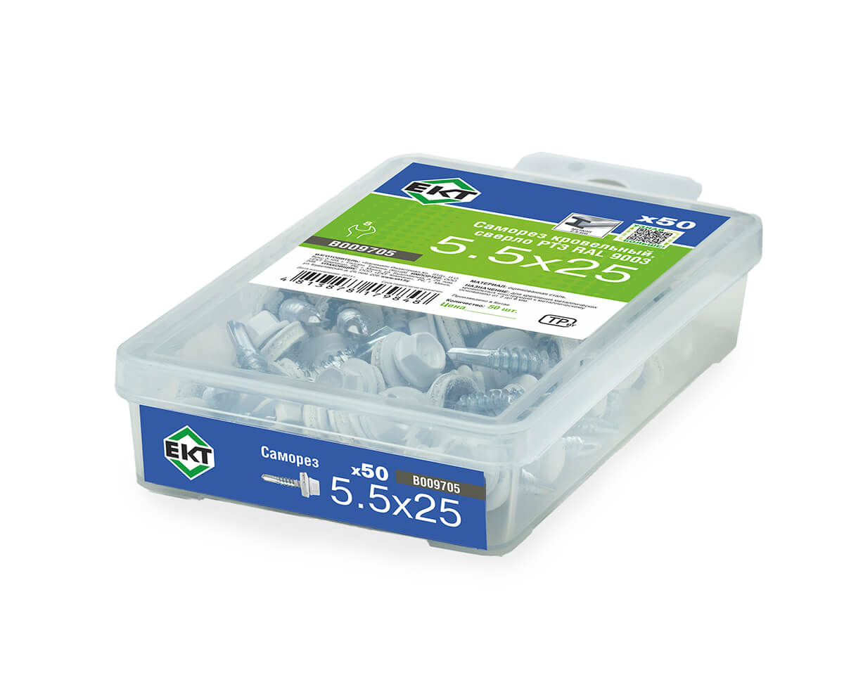 Саморез кровельный с резин. прокл. 5.5x25, сверло РТ3, RAL9003, в пласт. контейнере, ЕКТ (упак/50шт)