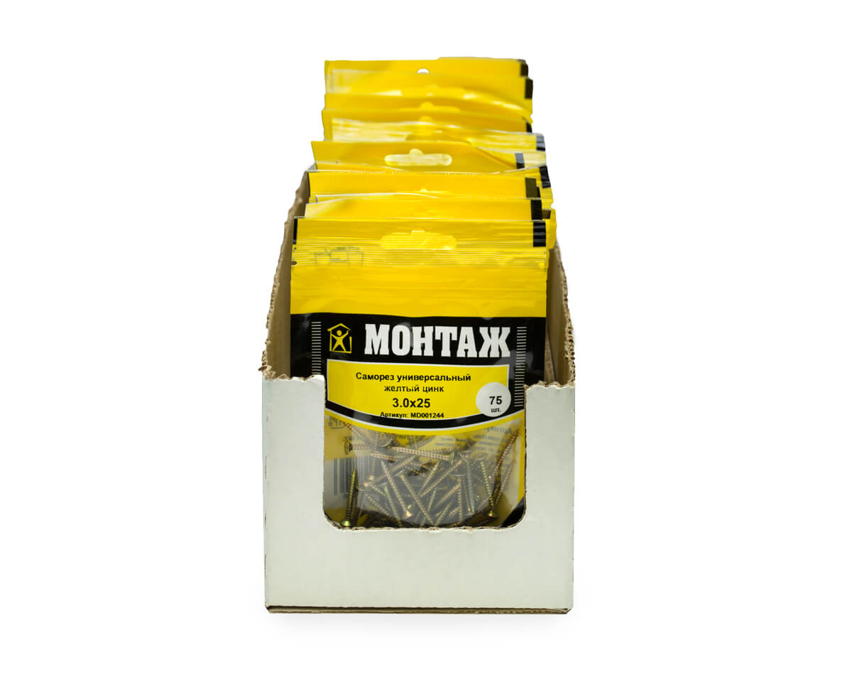 Саморез универсальный 3.0x25, желтый цинк, дой-пак S, МОНТАЖ (пакет/75шт)