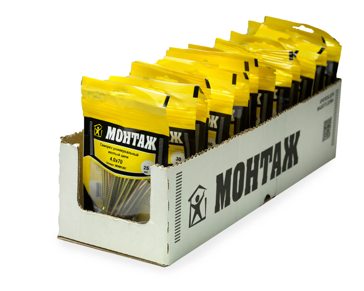 Саморез универсальный 4.0x70, желтый цинк, дой-пак S, МОНТАЖ (пакет/25шт)