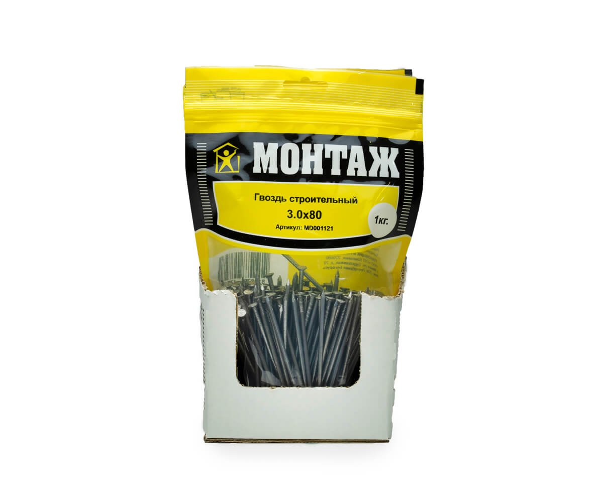 Гвоздь строительный 3.0x80, дой-пак L, МОНТАЖ (пакет/1кг)
