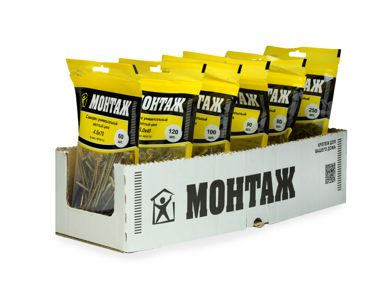 Саморез универсальный 4.5x70, желтый цинк, дой-пак M, МОНТАЖ (пакет/60шт)