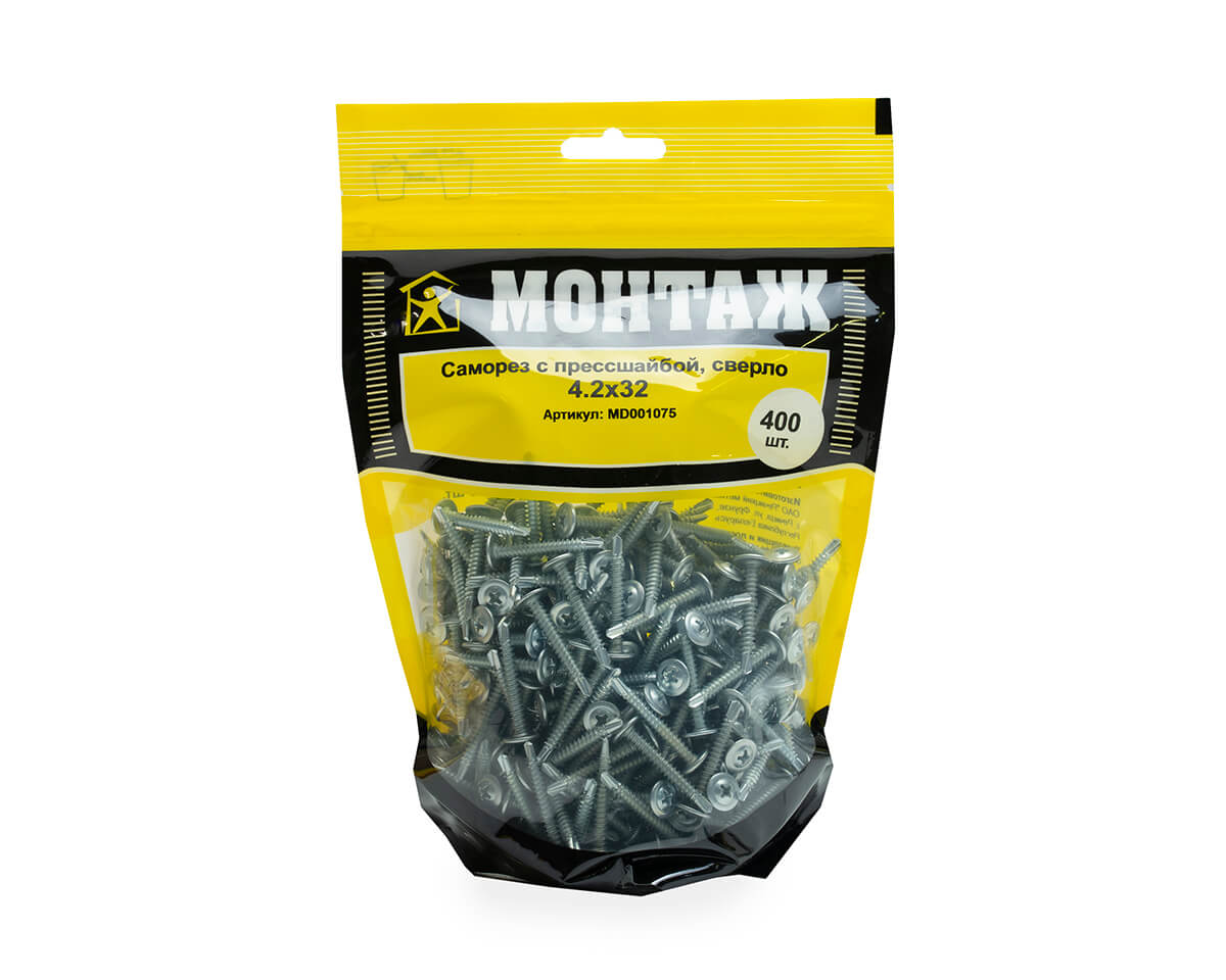 Саморез с прессшайбой 4.2x32, сверло, цинк, дой-пак L, МОНТАЖ (пакет/400шт)