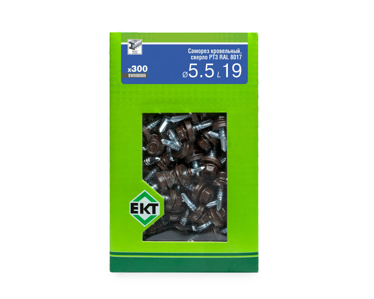 Саморез кровельный с резин. прокл. 5.5х19 сверло PT3, RAL 8017, в коробке с окном, ЕКТ (упак/300шт)