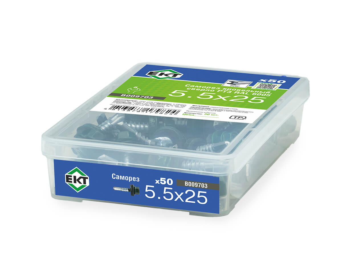 Саморез кровельный с резин. прокл. 5.5x25, сверло РТ3, RAL6005, в пласт. контейнере, ЕКТ (упак/50шт)