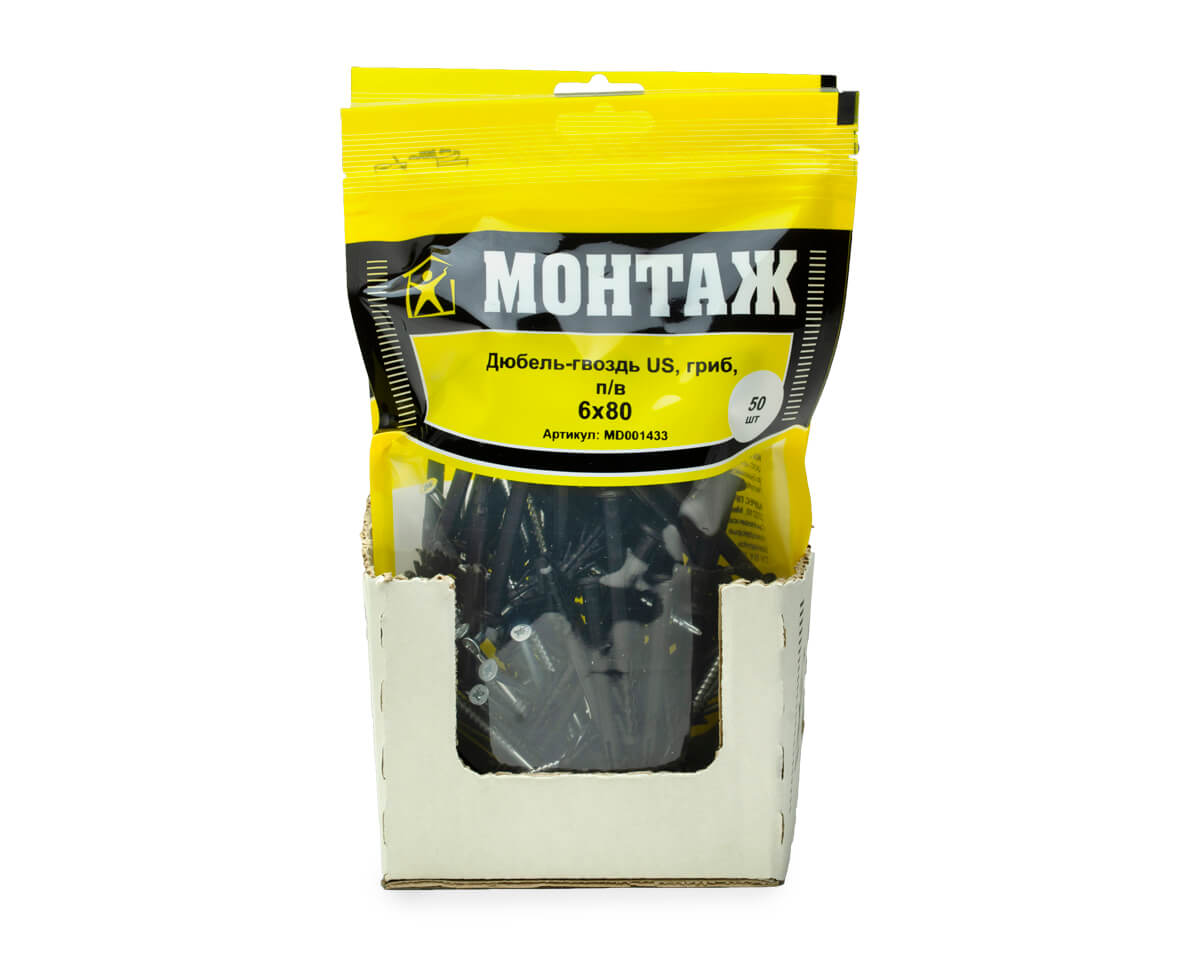 Дюбель-гвоздь US, 6x80 гриб, п/в, МОНТАЖ (дой-пак L/50шт)