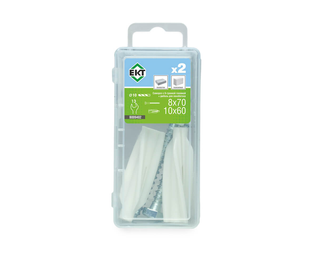 Саморез с 6-гран. гол., белый цинк 8,0х70 + Дюбель для пенобетона 10х60 (упак/2шт) ЕКТ