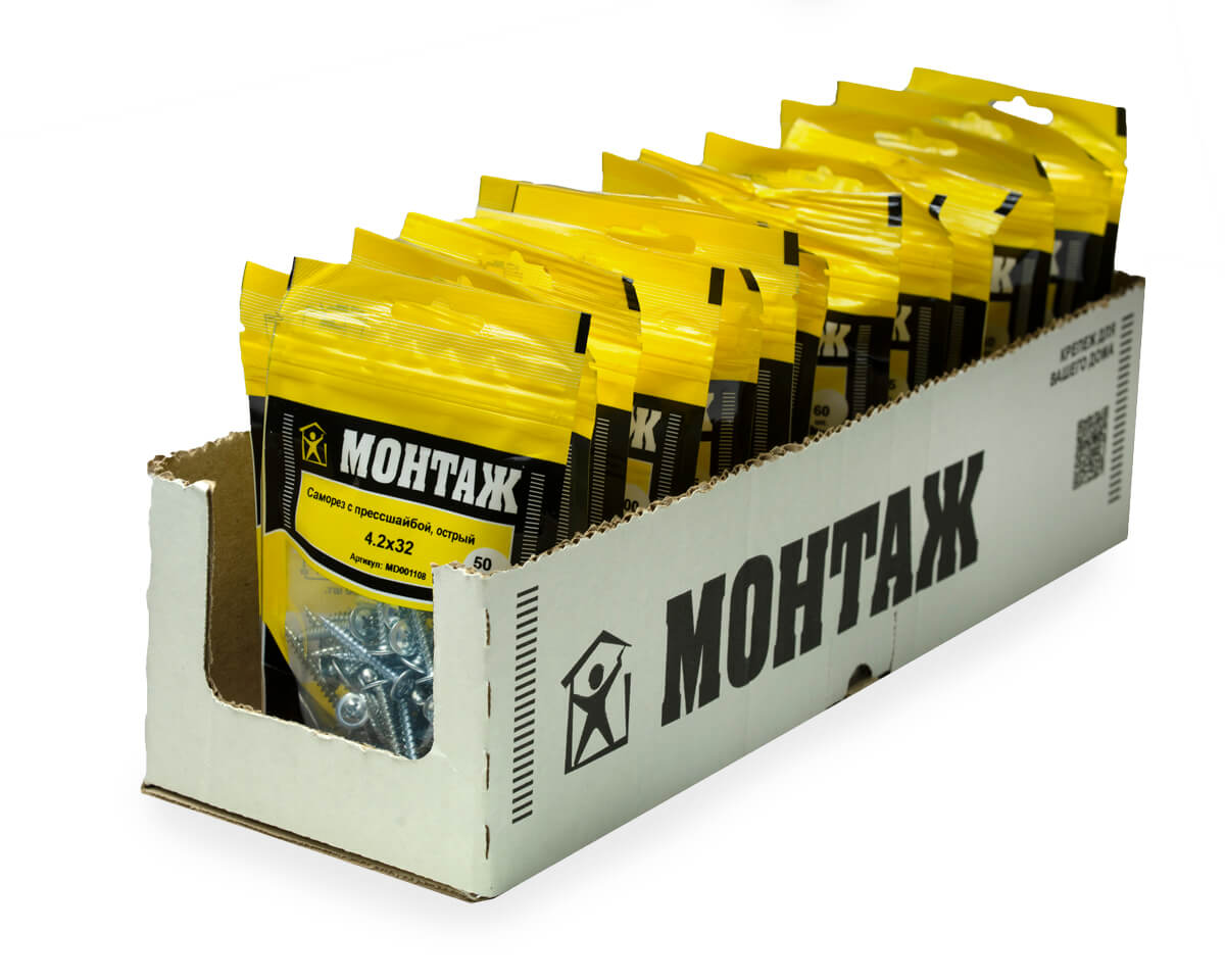 Саморез с прессшайбой 4.2x32, острый, цинк, дой-пак S, МОНТАЖ (пакет/50шт)