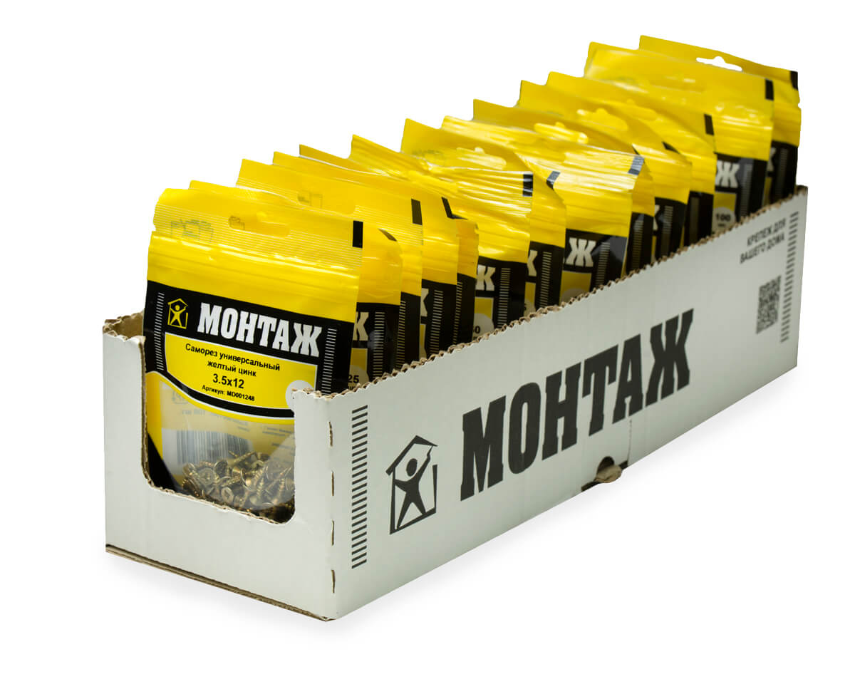 Саморез универсальный 3.5x12, желтый цинк, дой-пак S, МОНТАЖ (пакет/100шт)