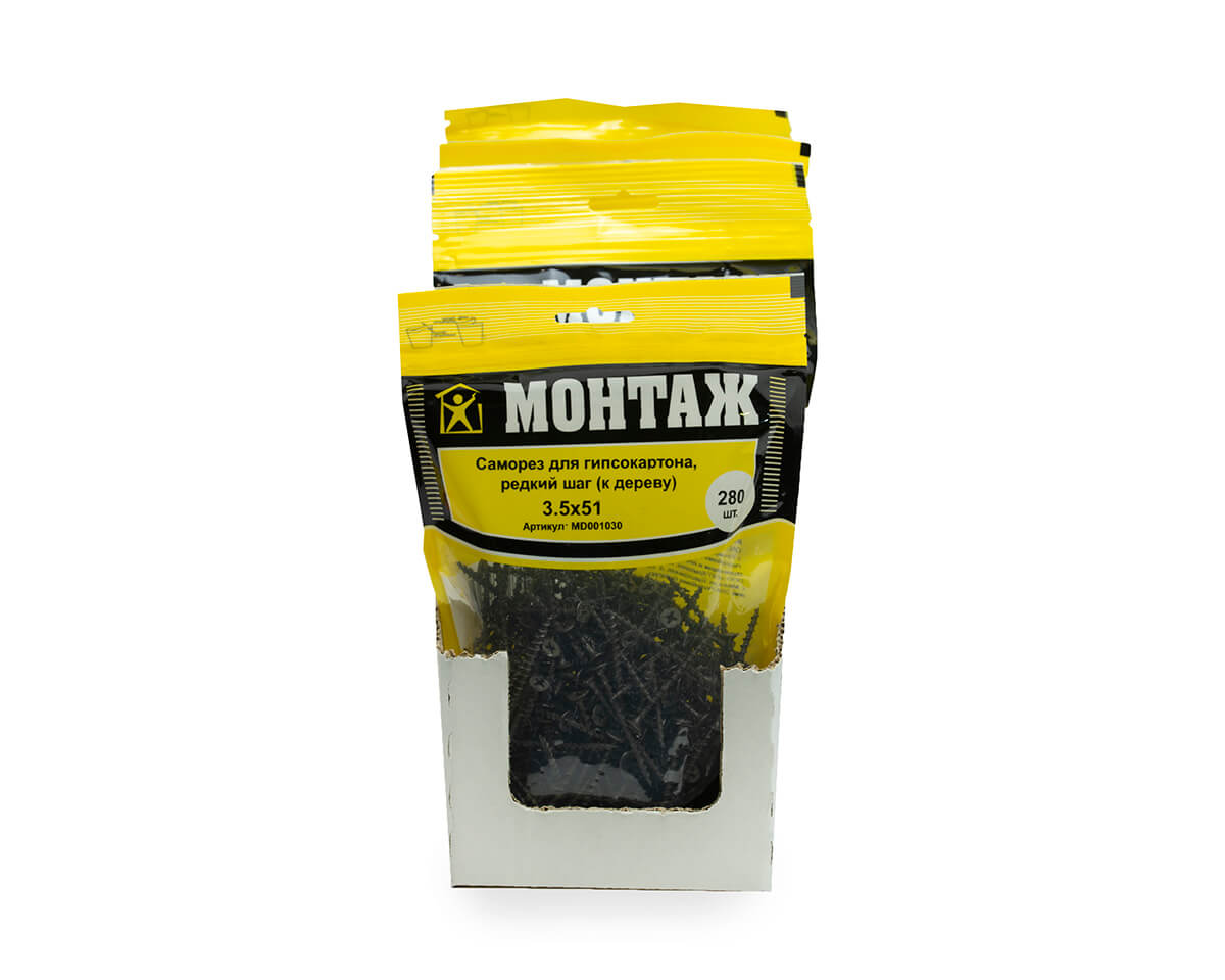 Саморез для гипсокартона 3.5x51, редкий шаг (к дереву), фосфат, дой-пак L, МОНТАЖ (пакет/280шт)