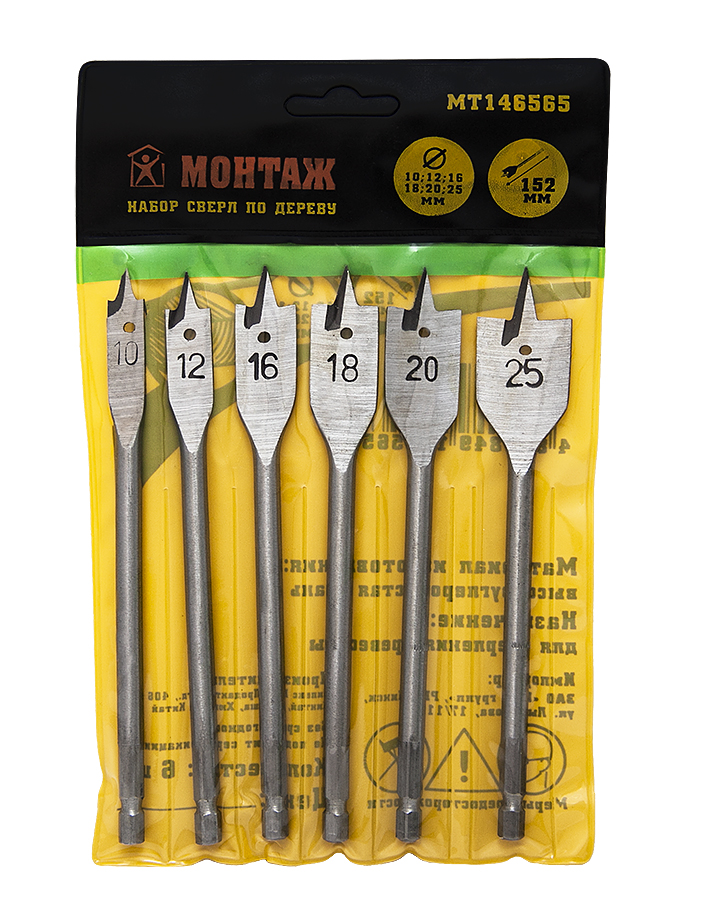 Набор сверл по дереву 10-25мм, перьевые, 6-гран хвостовик МОНТАЖ (набор/6шт)